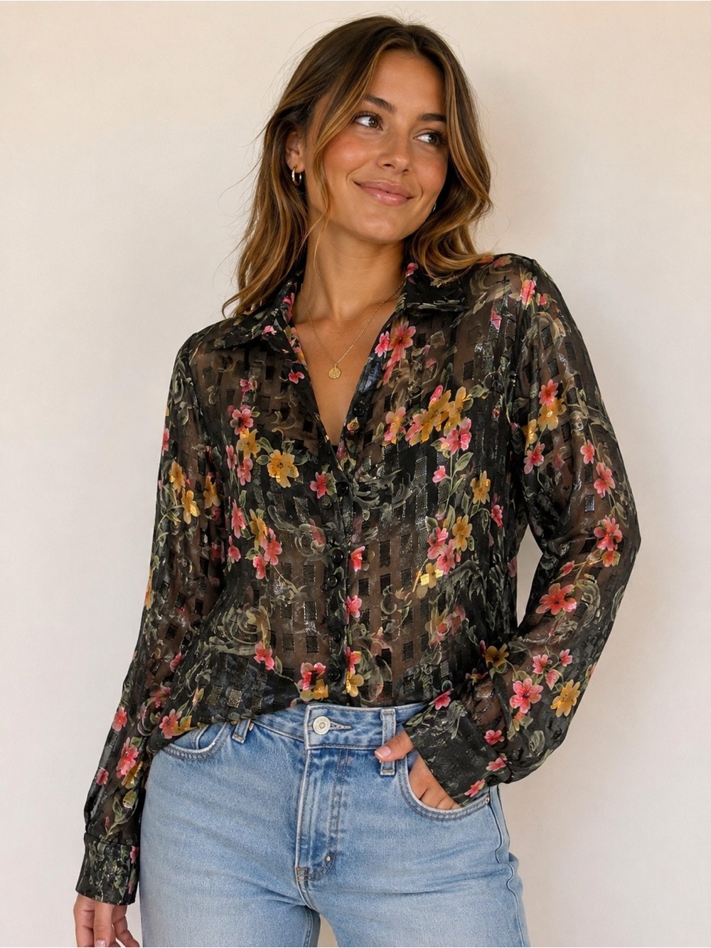 Aparenza Vintage Sheer Floral Burnout Button Up Blouse Women’s M